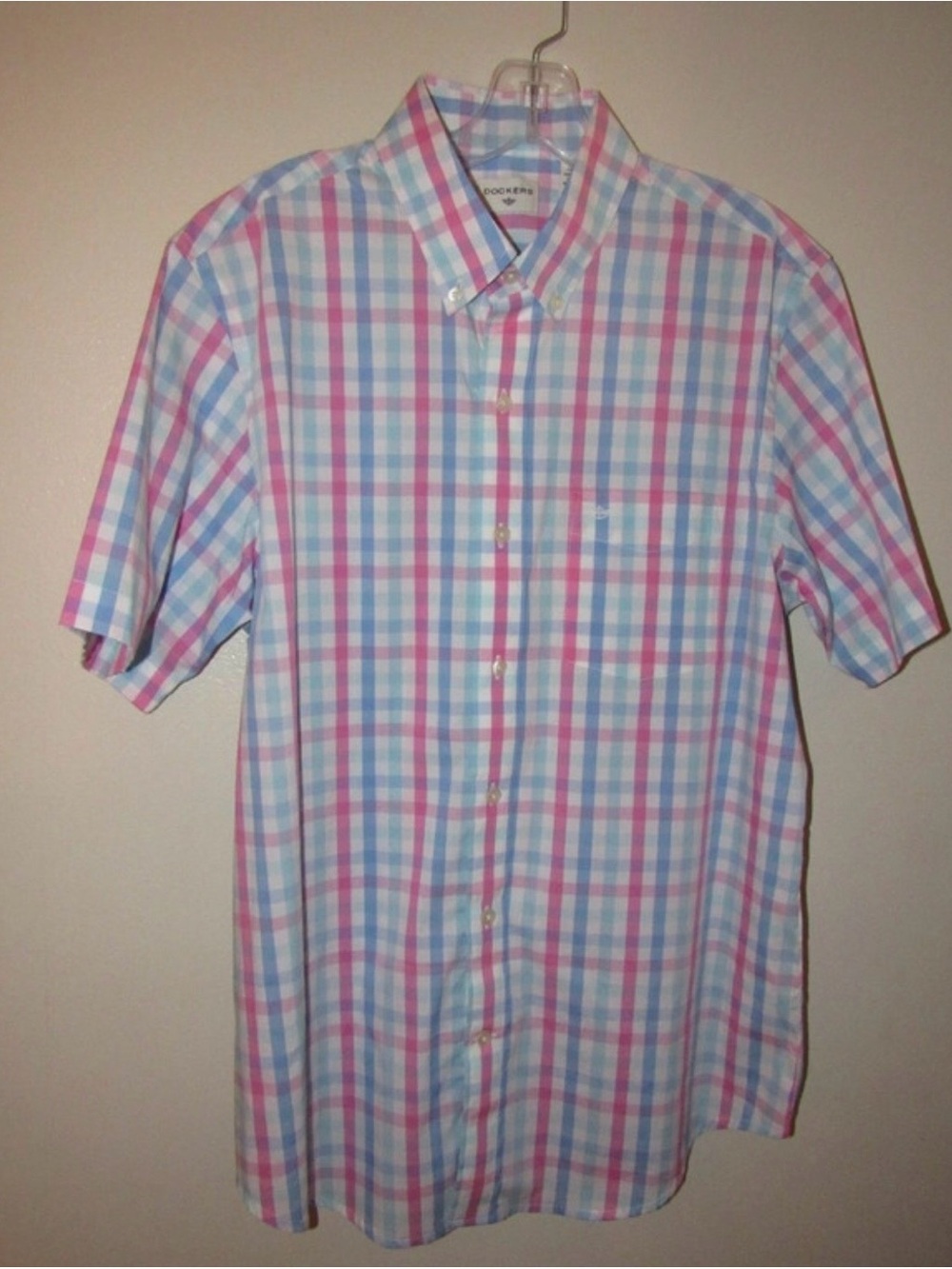 Docker’s  Blue and Pink Plaid Short-Sleeve Button-Down Shirt